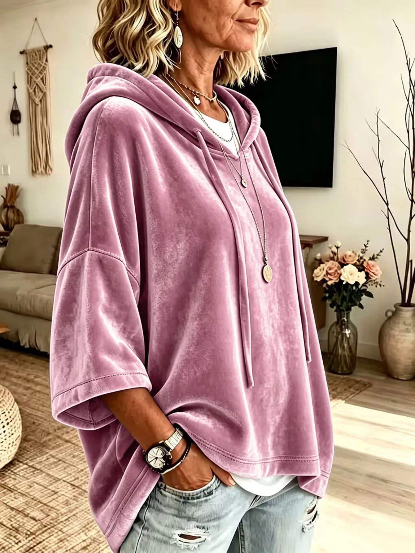 Neuer Herbst-Winter Damen Einfarbiger Samt-Hoodie mit 3/4-Ärmeln Lässige Oberteile – Detail 20