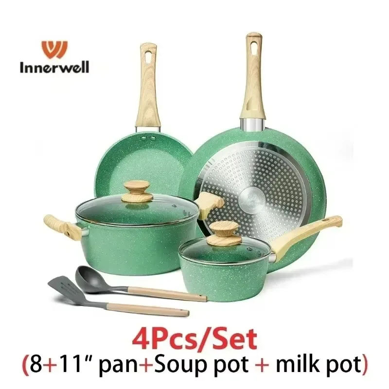 

8pcs Kitchen 8/11inch Frying Pan Stewpot Milk Pot Sets Nonstick Nontoxic Coated Cookware Breakfast Gourmet Stir Fry Cooking Pots