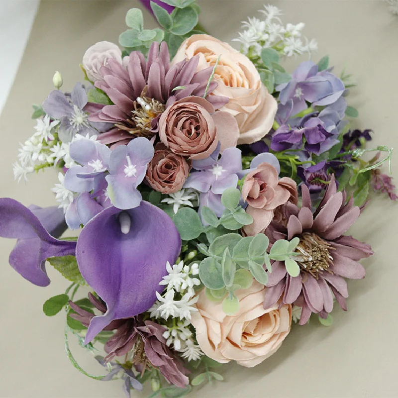 28X26cm Bridal Bouquet Home Floral Wedding Purple Calla, Champagne, Rose Simulation Flower Bundle Bridal Handheld Flowers 607