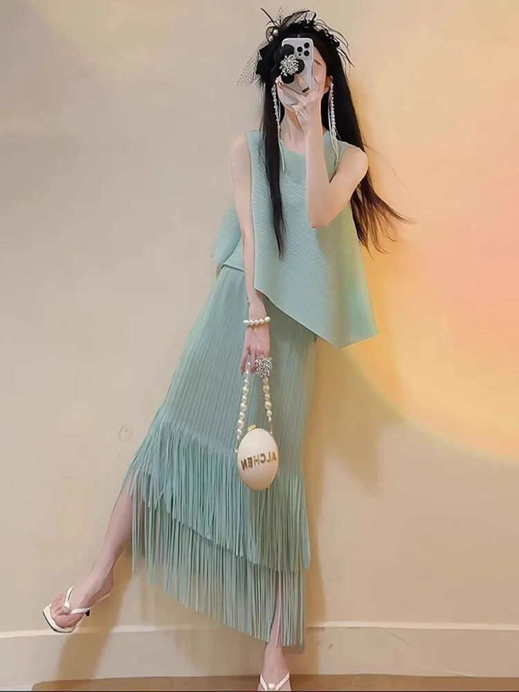 

Трехцветный летний комплект: асимметричная юбка-полусолнце с высокой талией и бахромой, плиссированная, без рукавов, прямой крой, для женщин, модный, для офиса