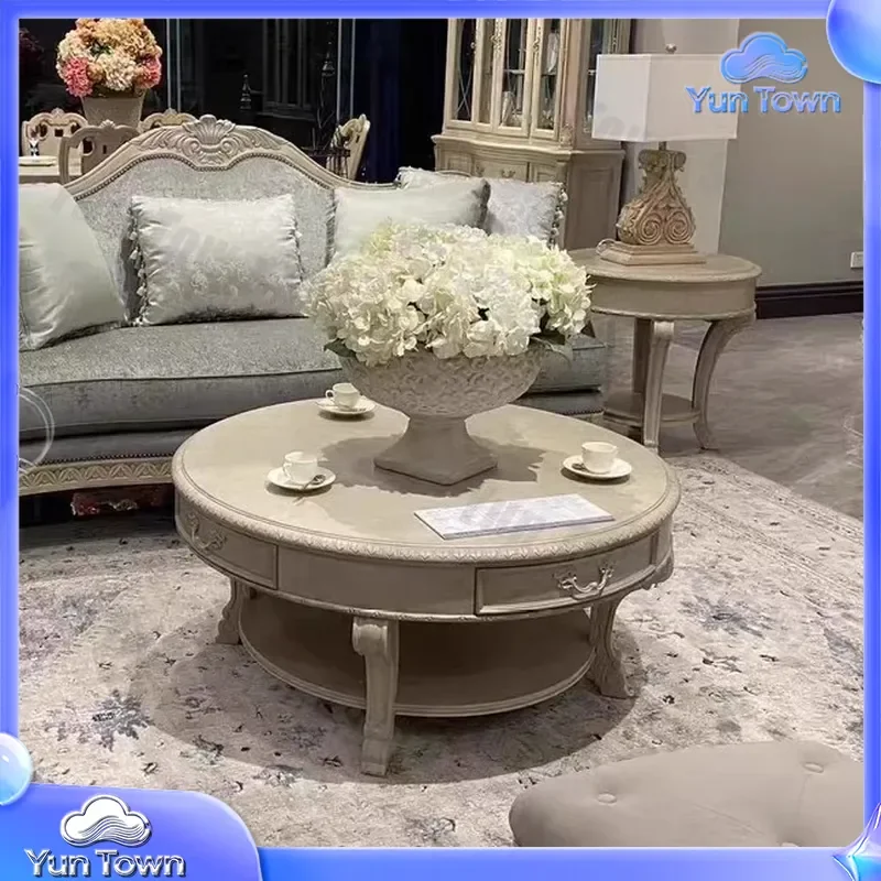 for North American ART Revival Retro Round Coffee Table for Living Room European Light Luxury Solid Wood Carved Flower Table