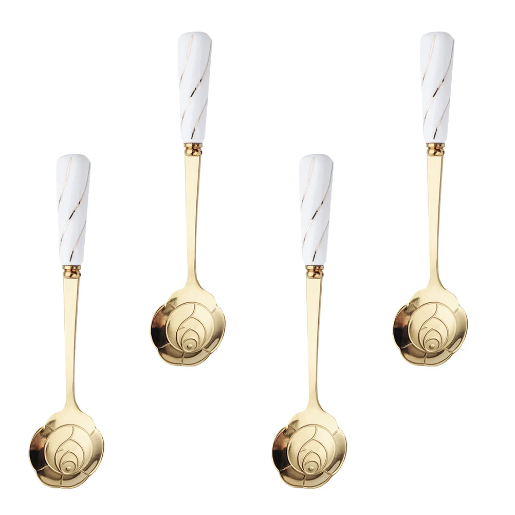 

4 Pcs Dessert Spoon Stainless Steel Coffee Cake Scoop Long Handle Kitchen Creative Mixing Ice Cream