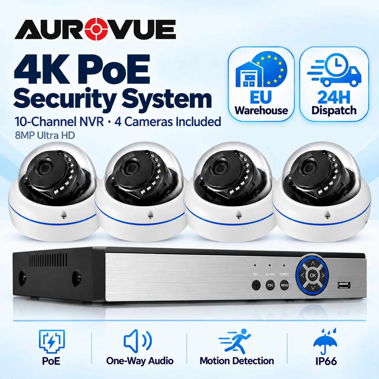 8MP PoE Sicherheitskamerasystem mit 10-Kanal 4K NVR, Dome-Kameras, IP66 wetterfest, Bewegungsmelder, Einweg-Audio, kabelgebundenes CCTV-Überwachungsset für die Sicherheit von Haus und Garten im
