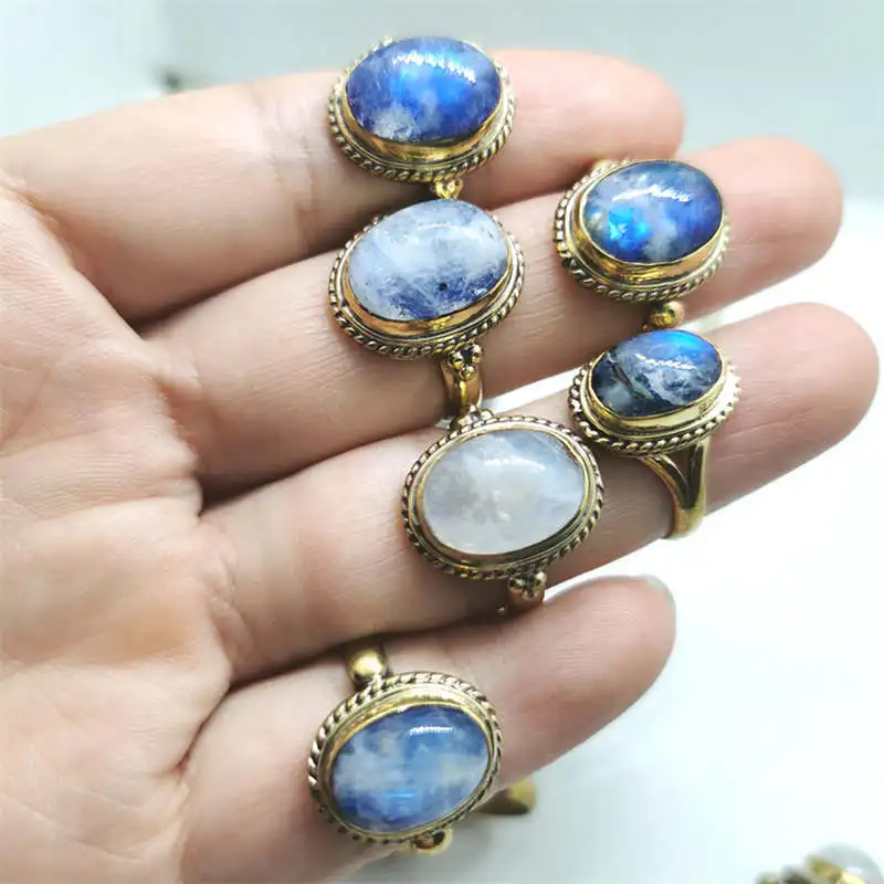 Natural Stone Rings Brass Inlaid Moonstone Lovely Vintage Rings for Lady From Nepal R210