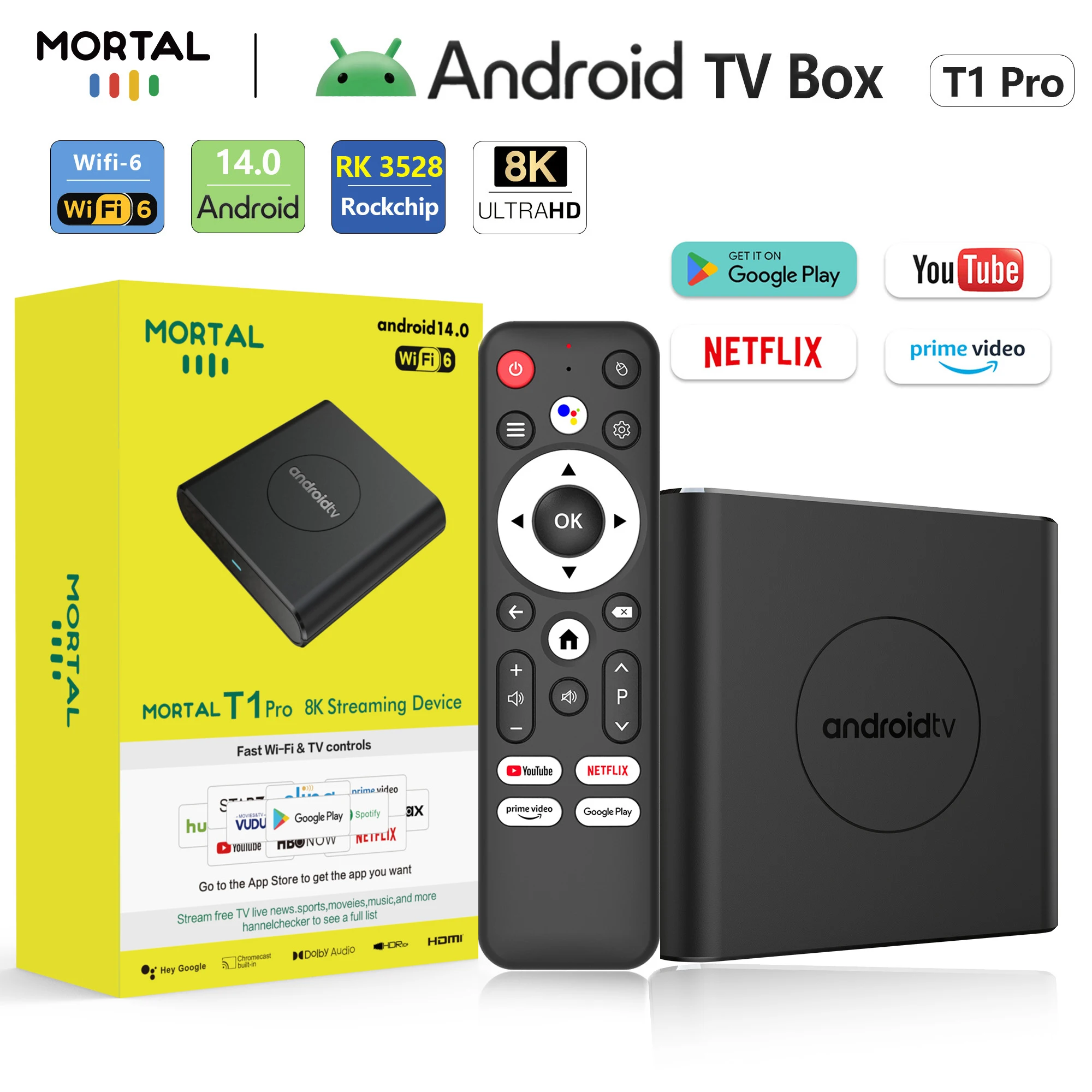 

Wifi6 Android14 Streaming TV Box Mortal T1pro RK3528 Quad Core 1000M Smart 8K 4K Home theater Bluetooth Chromecast Voice