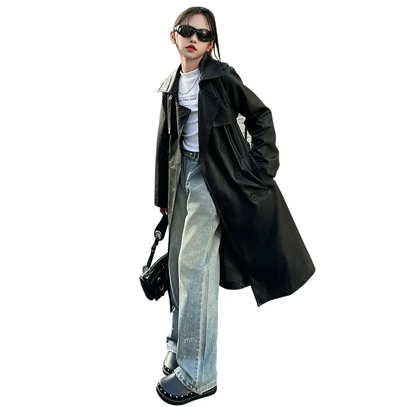 الخريف الشتاء في سن المراهقة الفتيات بولي Double مزدوجة الصدر خندق معطف الأطفال ملابس دراجة نارية ارتداء سترة جلدية 4 6 8 10 12 14 سنة #3