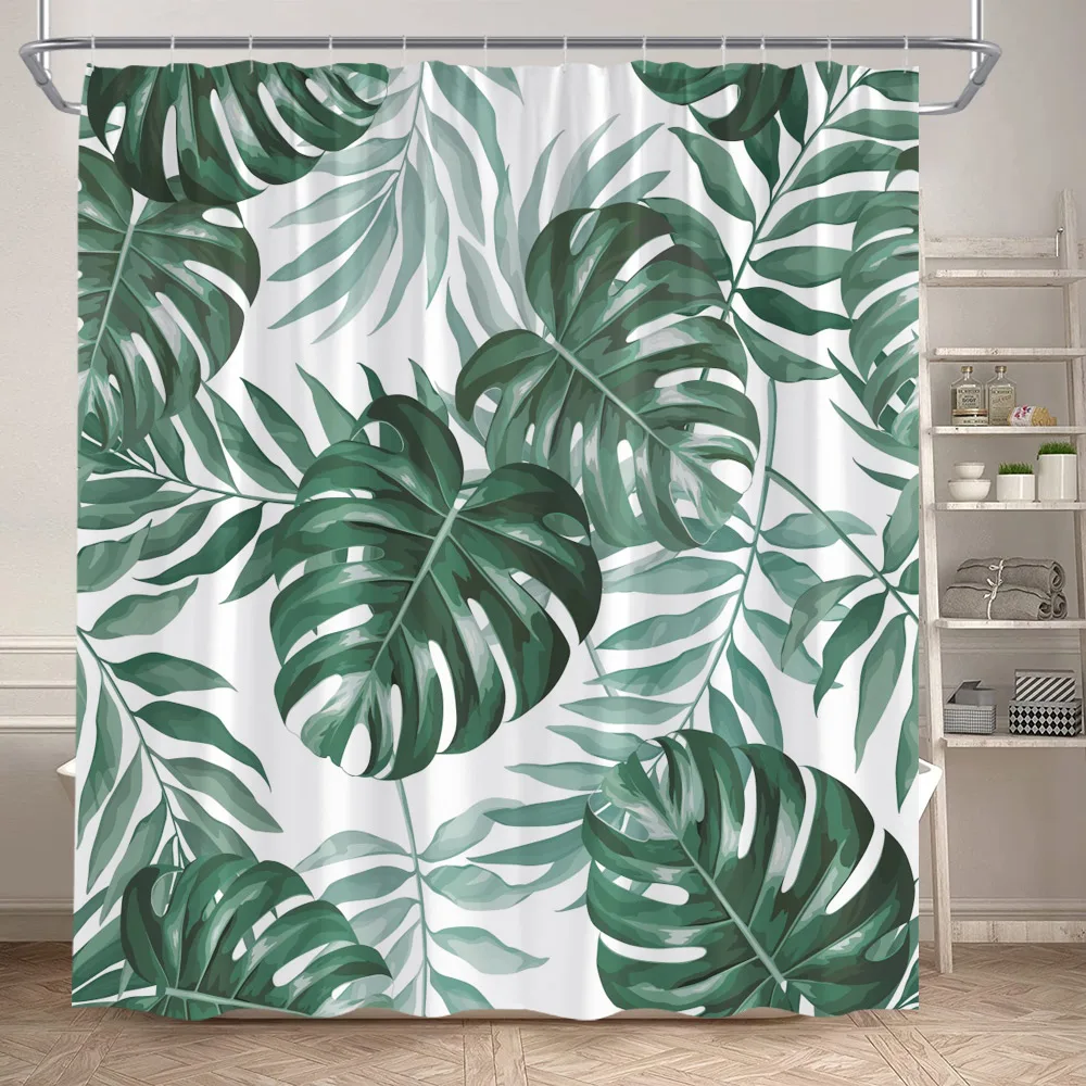 Tropical Leaves Shower Curtains Watercolour Green Palm Leaf Monstera Bath Curtain Black Polyester Home Bathroom Decor with Hooks