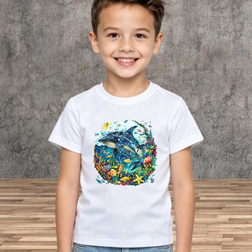 Toddler Kids Vibrant Marine Life With Whale T-Shirt Summer New Boys Girls Short Sleeve Ocean Print Tees