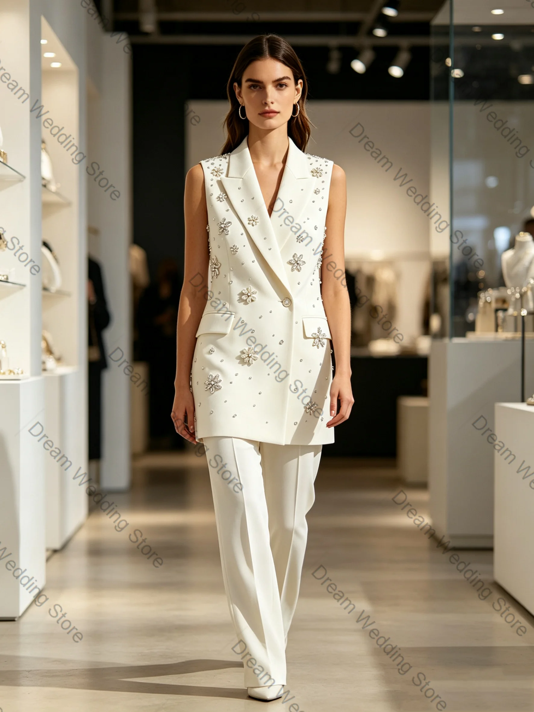 

Crystals White Women Suit Set 2 Pcs Vest+Pants Trousers Spring Summer Formal Office Lady Jacket Customized Wedding Guest Coat