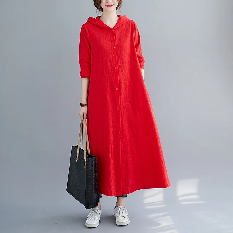 

Новая хлопково-льняная ветровка больших размеров с открытой грудью и капюшоном миди Dr, утягивающая цветная ветровка для женщин, длинная рубашка в стиле ретро для поездок на работу...