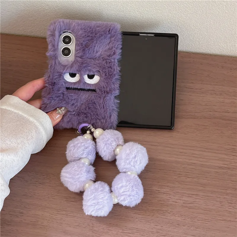 Cartoon Angry Face Expression Fluffy Fur Phone Cases For Samsung Z Fold 8 Ultra Fold7 Fold6 Fold5 Fold4 With Hair Ball Bracelet