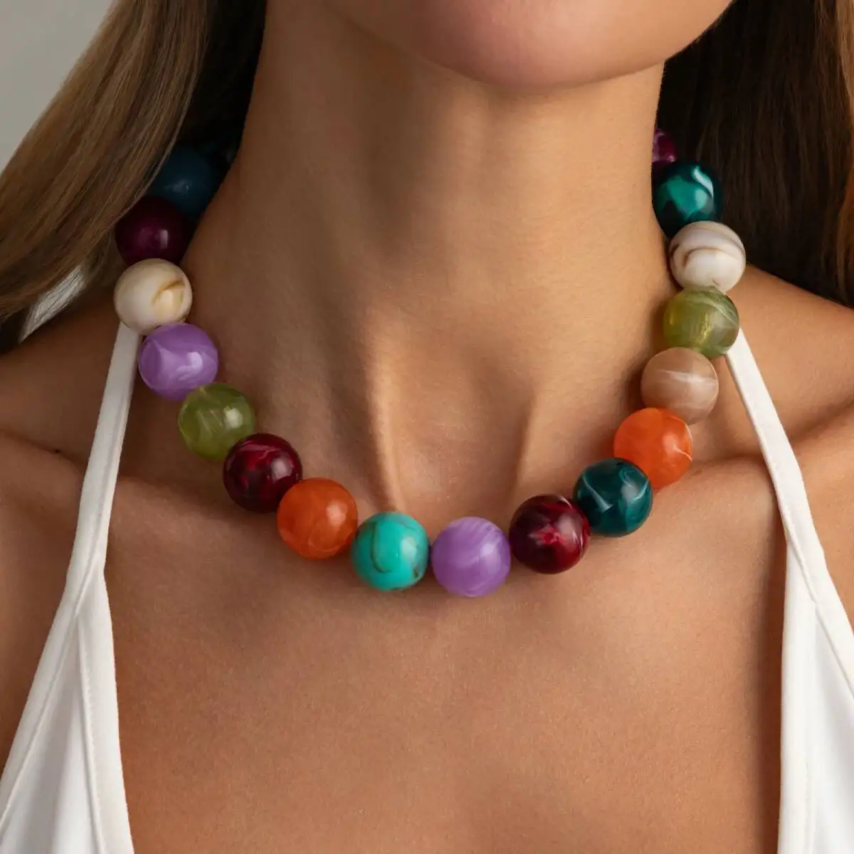 SHIXIN Boho Colorful Resin Beaded Choker Necklace Women Vintage 18K Gold Plated Stainless Steel Chain on the Neck Party Jewelry