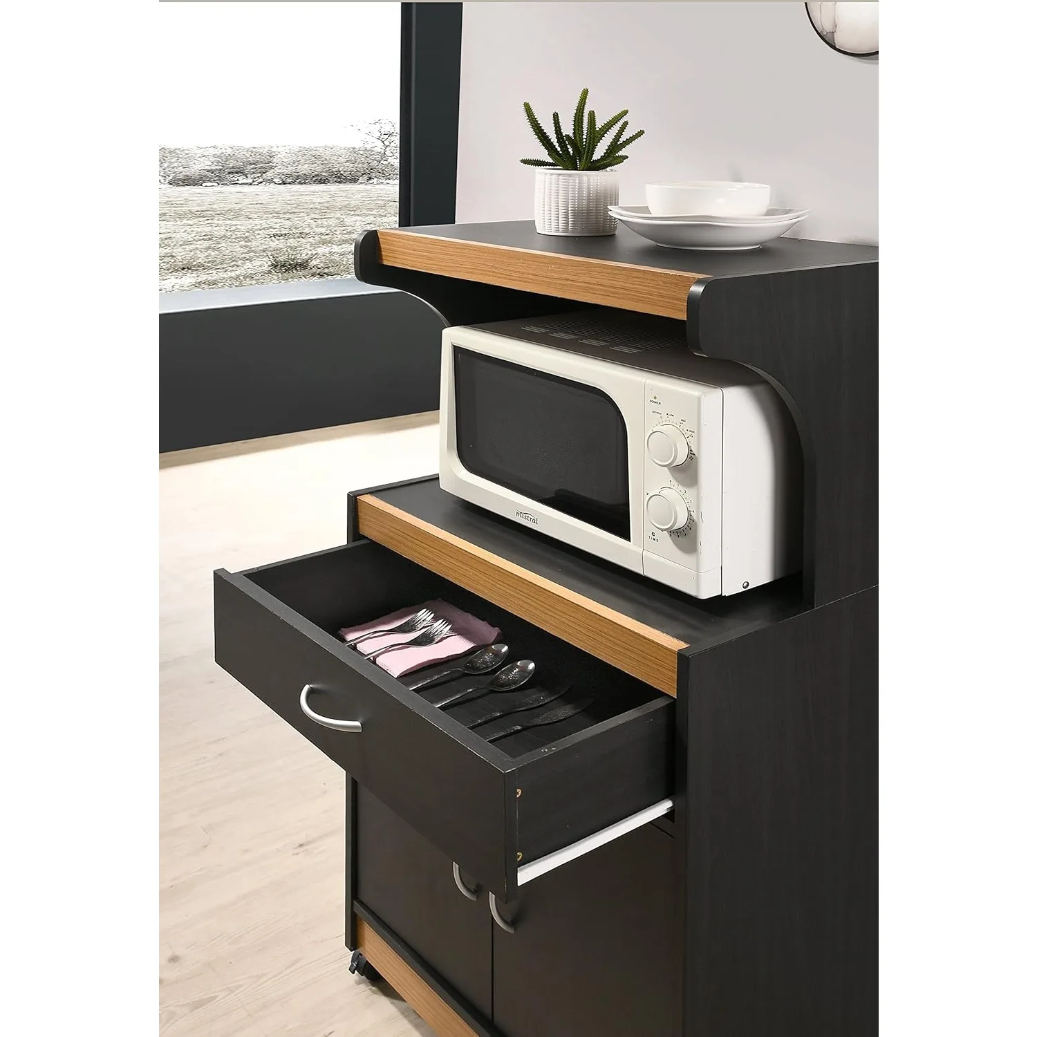 Microwave Kitchen Cart, Black-Beech