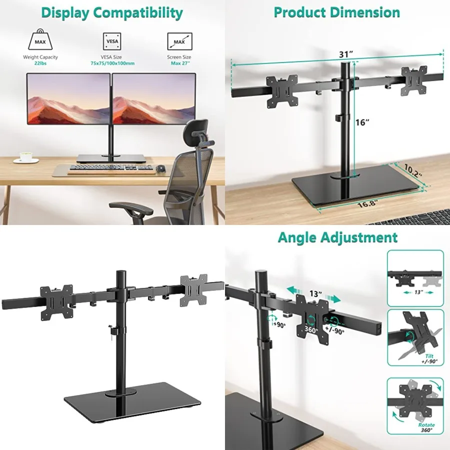 

Free Standing Dual Monitor Stand, Height Adjustable Monitor Mount with Glass Base, Fits LCD LED Flat Curved Screen up to 27 inch, 22lbs, with Grommet Base