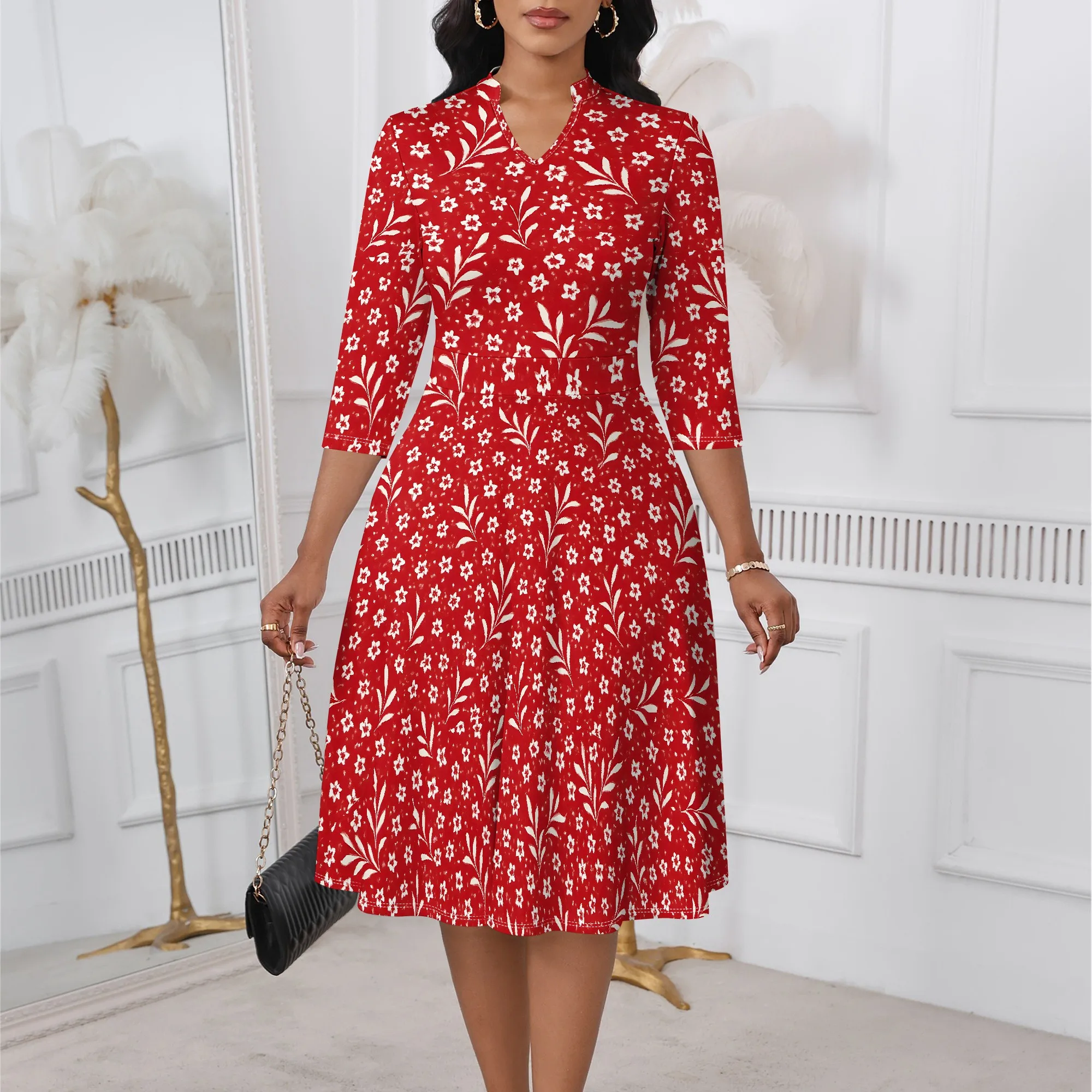 

Women's 3/4 Sleeve A-line and Flare Midi Long Dress