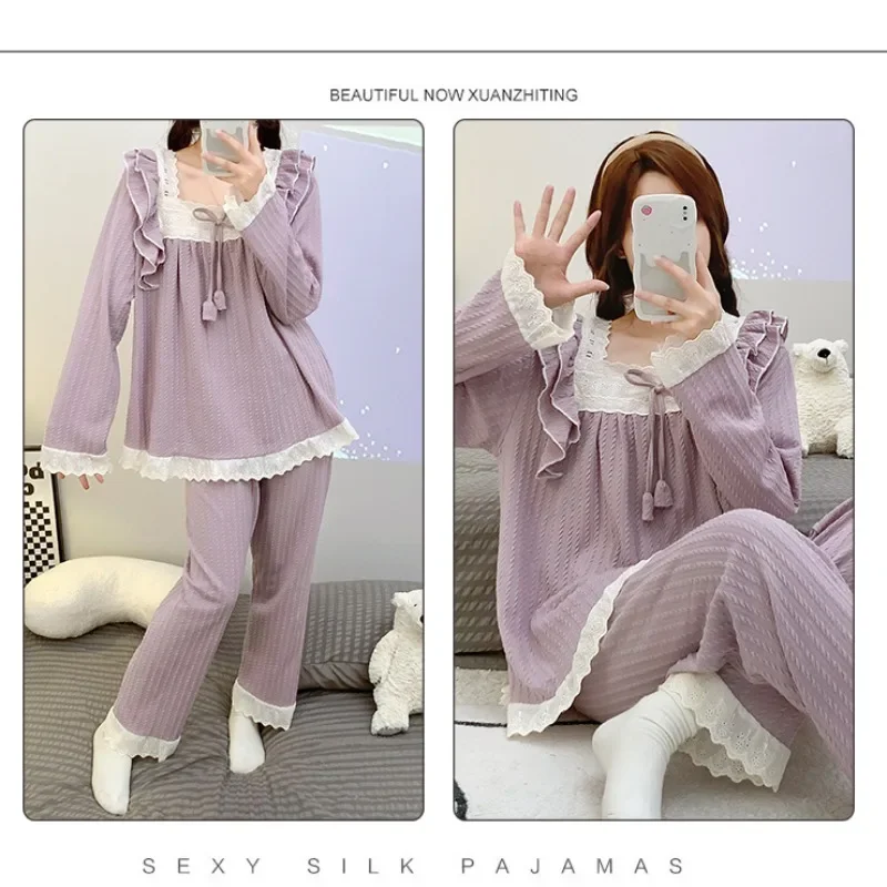 5XL Plus Size Korean Sleepwear Women Pajama Sets Solid Piiama Spring Sets 2 Pieces Cute Long Sleeve Night Wears Loose Home Suit