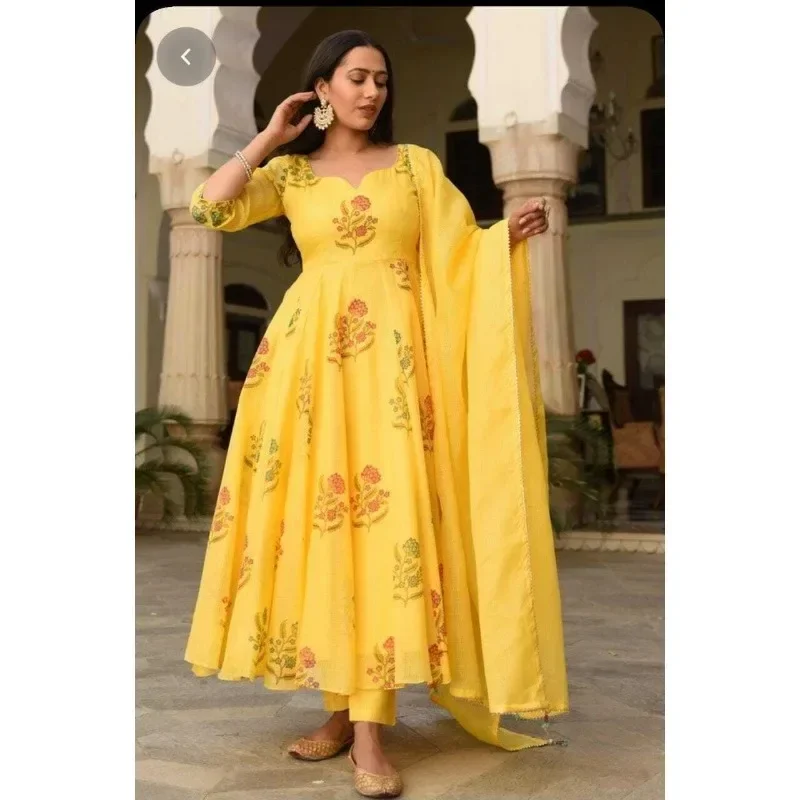 

Women Yellow Palazzo Kurta Set Designer Flared Kurti Pent Stitched Salwar Kameez