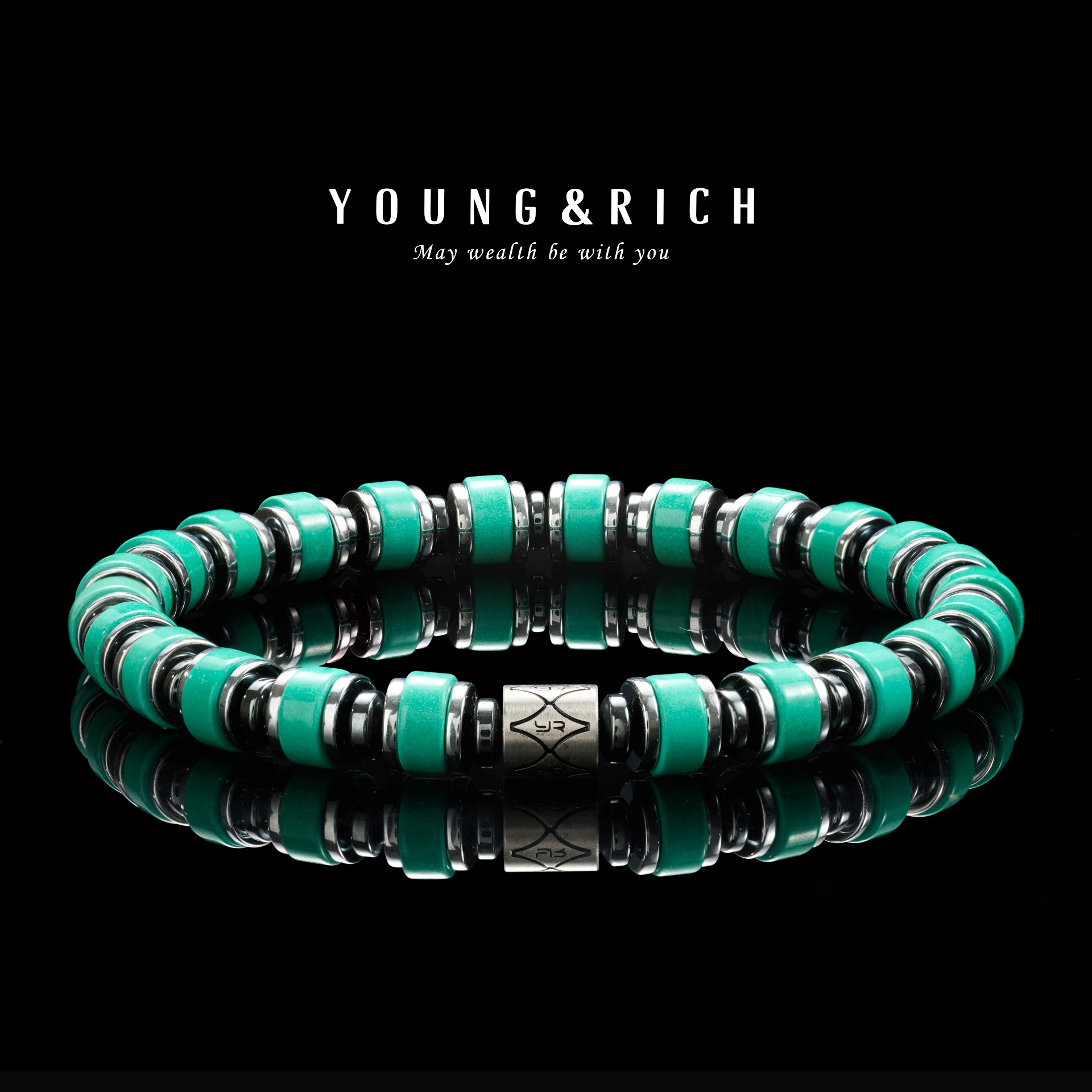 YOUNG&RICH 6mm Green Heishi Beaded Stretch Bracelet - Vintage Western Silver Tone Stackable Jewelry for Men Women