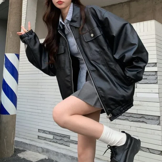 Vintage Black Leather Jacket Women Moto Biker Zipper Jackets Oversize Gothic Style Motorcycle Coats Korean Streetwear