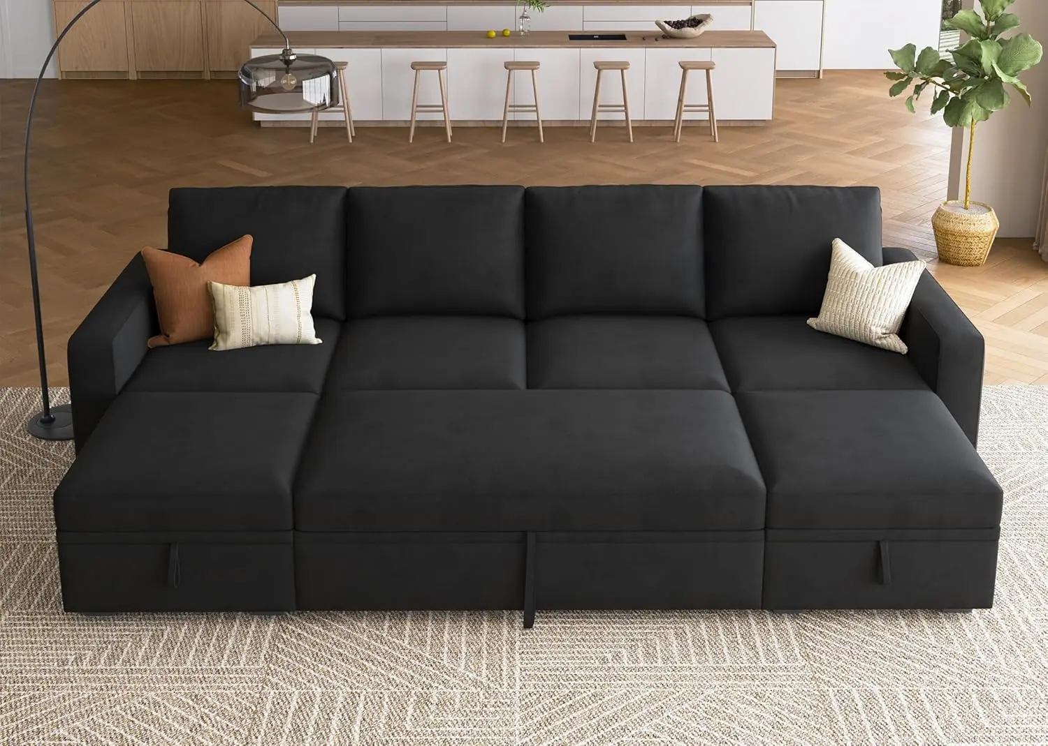 Sofá Modular seccional para dormir, sofá Seccional de terciopelo en forma de U con almacenamiento otomano para sala de estar, color negro