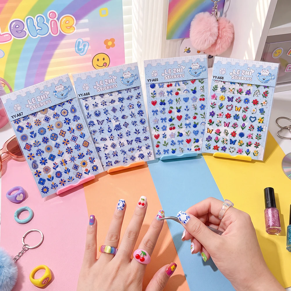 LEZHI Nail Art Stickers Self Adhesive 3D Embossed Flower Star Cat Design DIY Manicure Decals For Women Girls Beauty Tools Trend