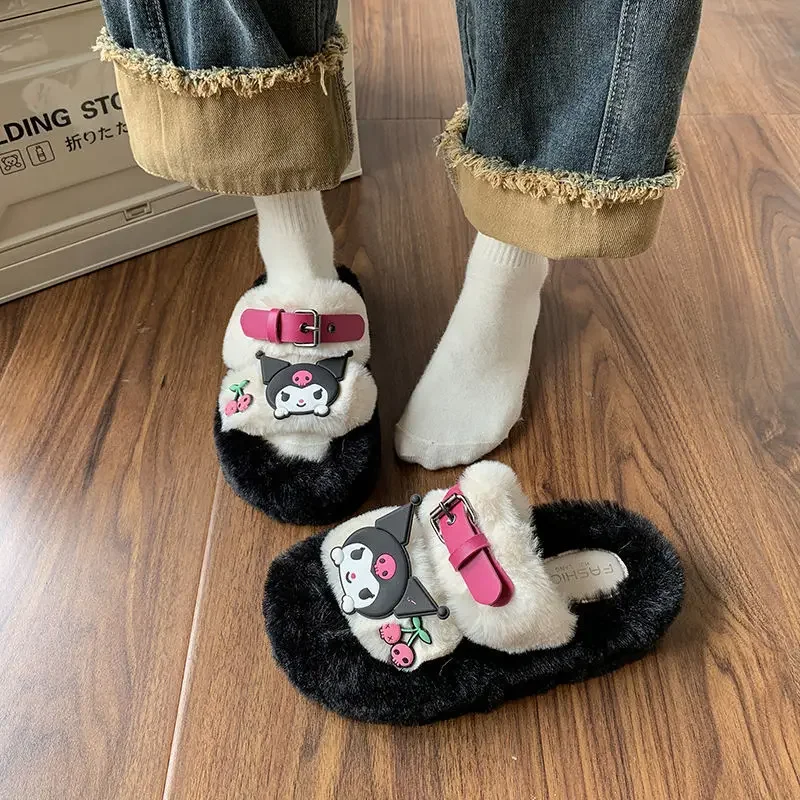 Sanrio Kuromi Thick Sole Slippers Cartoon Cute Student Soft Sole Comfortable Furry Shoes Kawaii Belt Buckle Home Casual Shoes