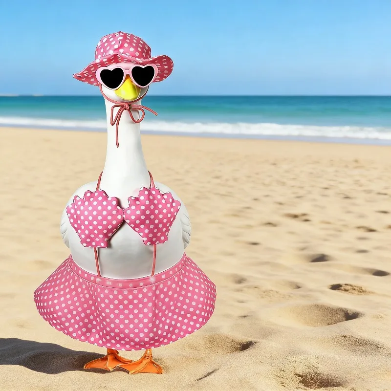 Pink Hawaiian Porch Goose Outfits, White Polka Dot Pattern Suit with Sunglasses And a Hat Applicable to 23 Inch for Cement Goose Outdoor Garden Yard Decor view 2