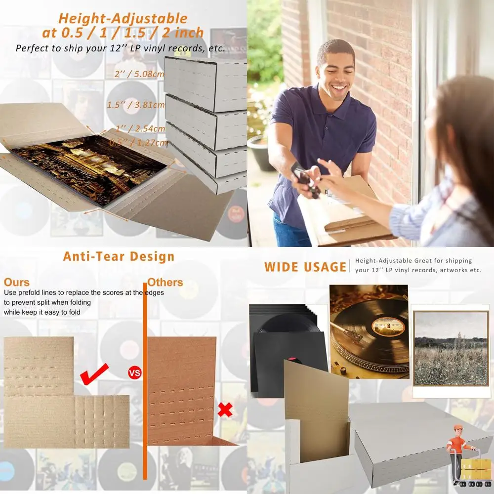

100-Pack Adjustable Height Cardboard Mailers for 12 Vinyl Records, 12.5 x 12.5 x 2, White