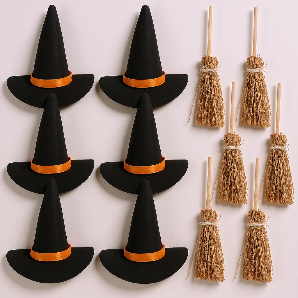 

6Set Hats and Brooms Halloween Decorations Miniature Craft Supplies Party Decor DIY Halloween Atmosphere