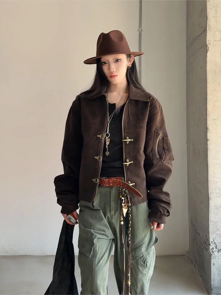 

Vintage Brown Deconstructed Patchwork Men's Jaet Spring Autumn Aircrt Bule Baseball Sle Retro Windbreaker Coat