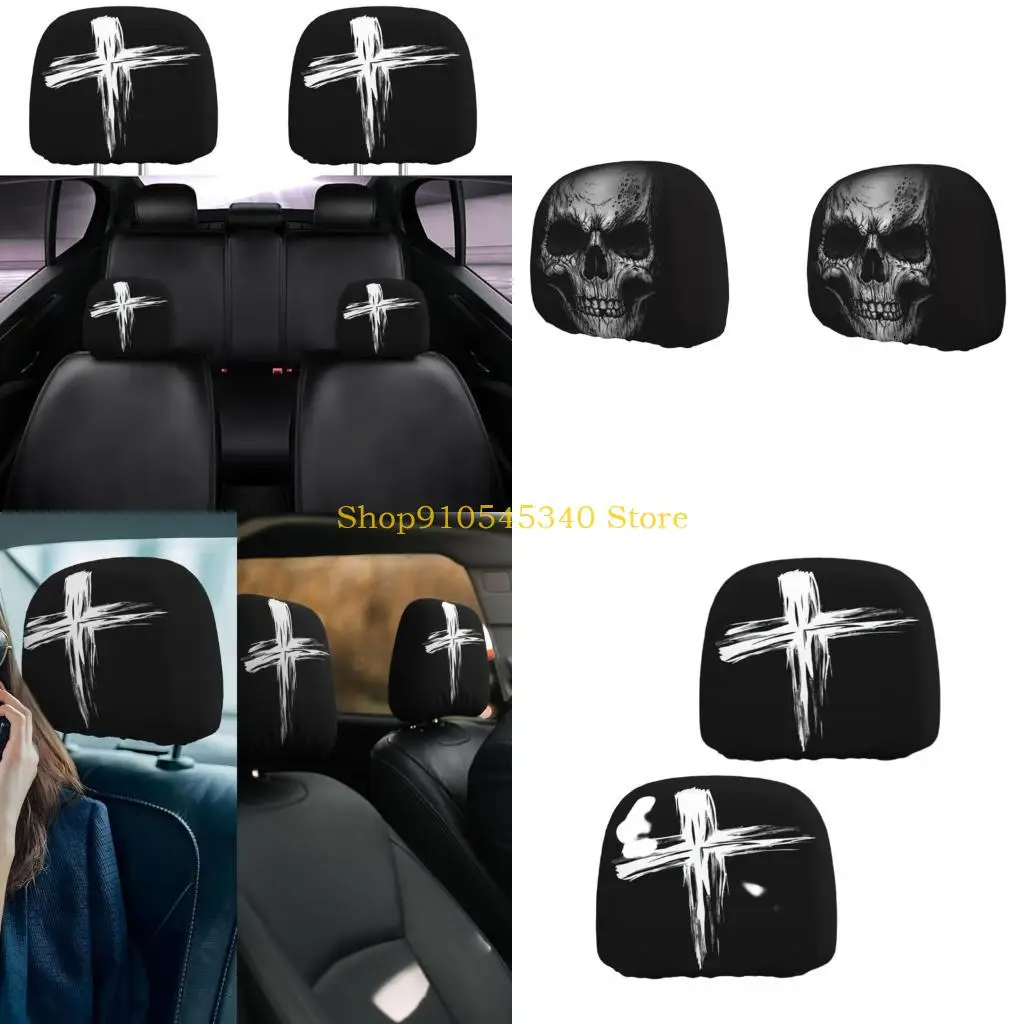 

U2JA Printed Skull Pattern Car Headrest Covers Halloween Decoration Polyester for Cars SUVs Easy Installation and Cleaning
