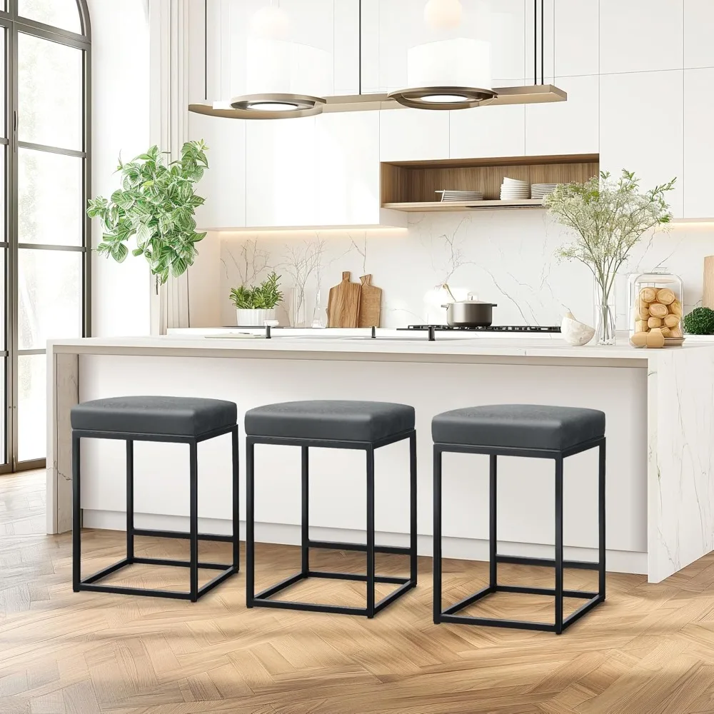 Black Counter Height 24" Bar Stools Set of 3 for Kitchen Counter Backless Modern Square Bartools