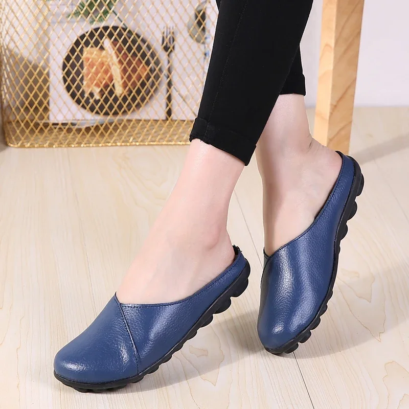 YAERNI Plus Size Flat Shoes Fashion Mules Womens Leather Split Slip On Flip Flops Women\'s Slippers Shoe SlidesE1302