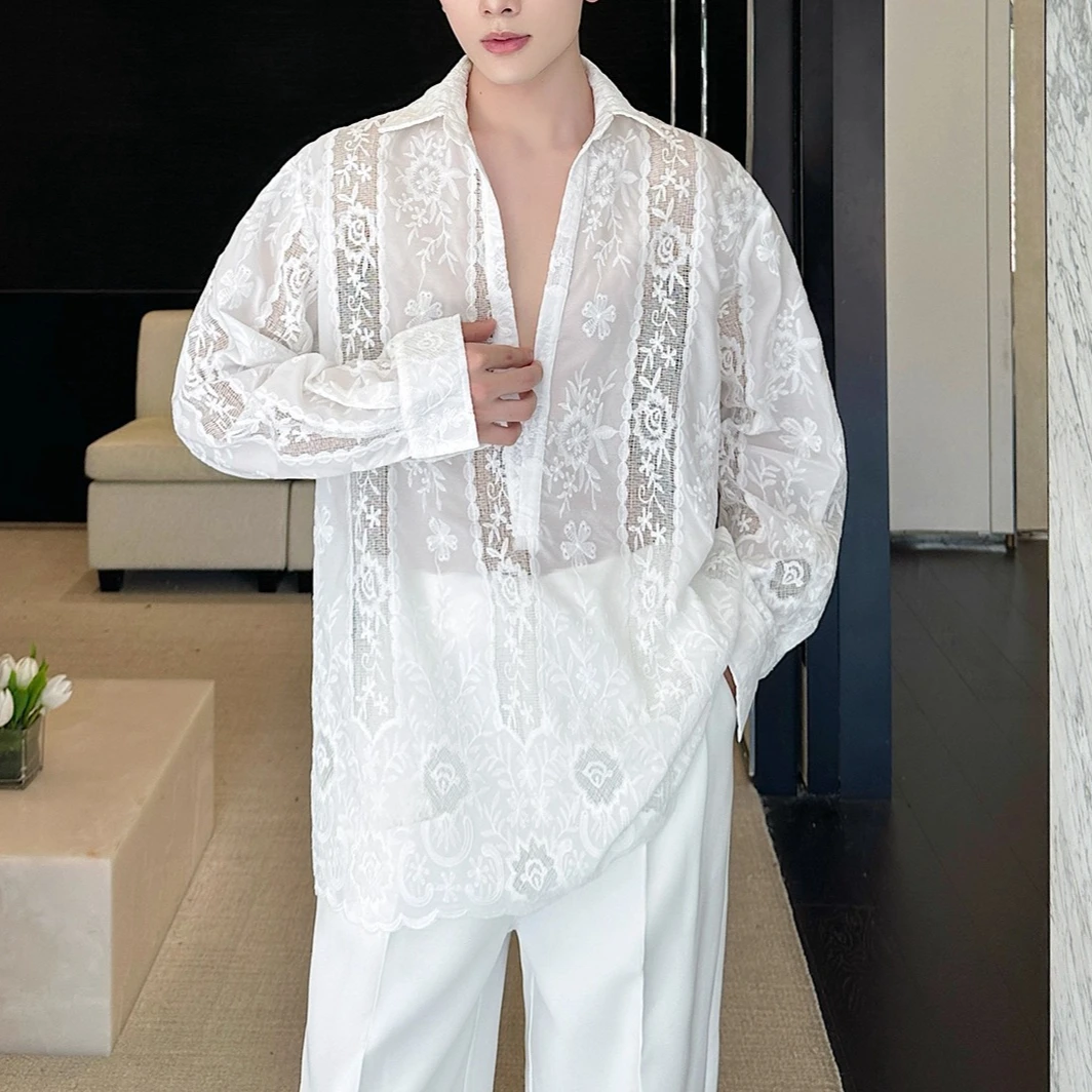 

Hollow Embroidery Lace Flower V-neck Long Sleeved Shirt Men Loose Casual Social Party Nightclub Stage Performance Shirt 2025