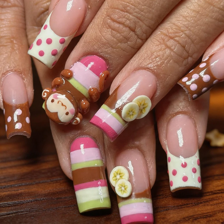 24-Piece Set of Cute Cartoon Rectangular Press-On Nails, Foundation Color with Polka Dots and Lemon Designs, Removable Fake Nails, Includes Jelly Glue and Nail File Set