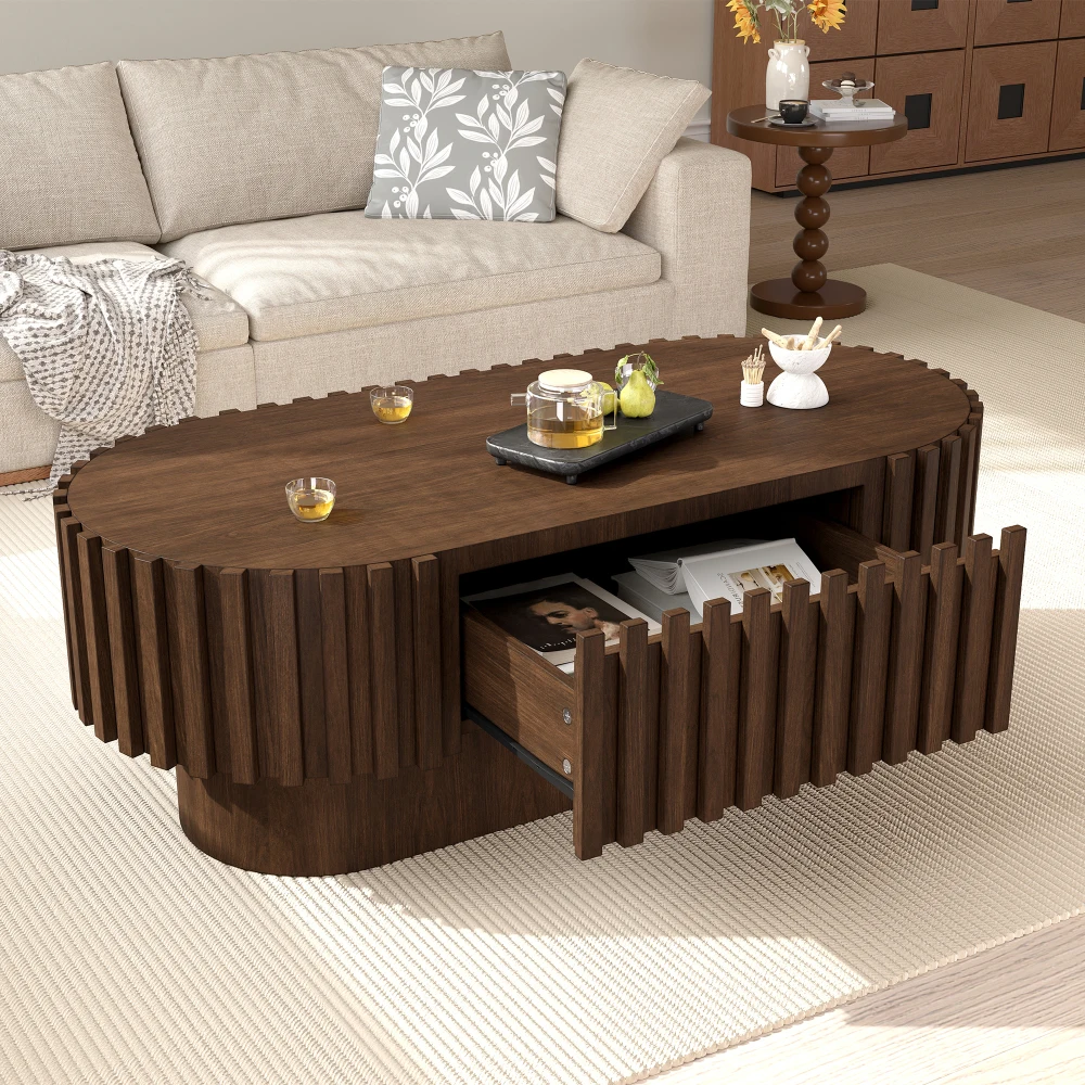 Tavolino da caffè ovale in noce, ideale per il soggiorno, con cassetto, pannello decorativo a listelli verticali, struttura stabile in legno, portata massima 20 kg, arredamento per la casa, dimensioni