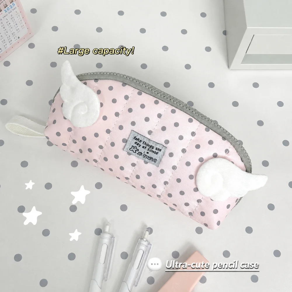 Kawaii Polka Dot Print Pencil Case Shell Shape Large Capacity Pen Bag Multi-Layer Divided Portable Pencil Pouch Studnets