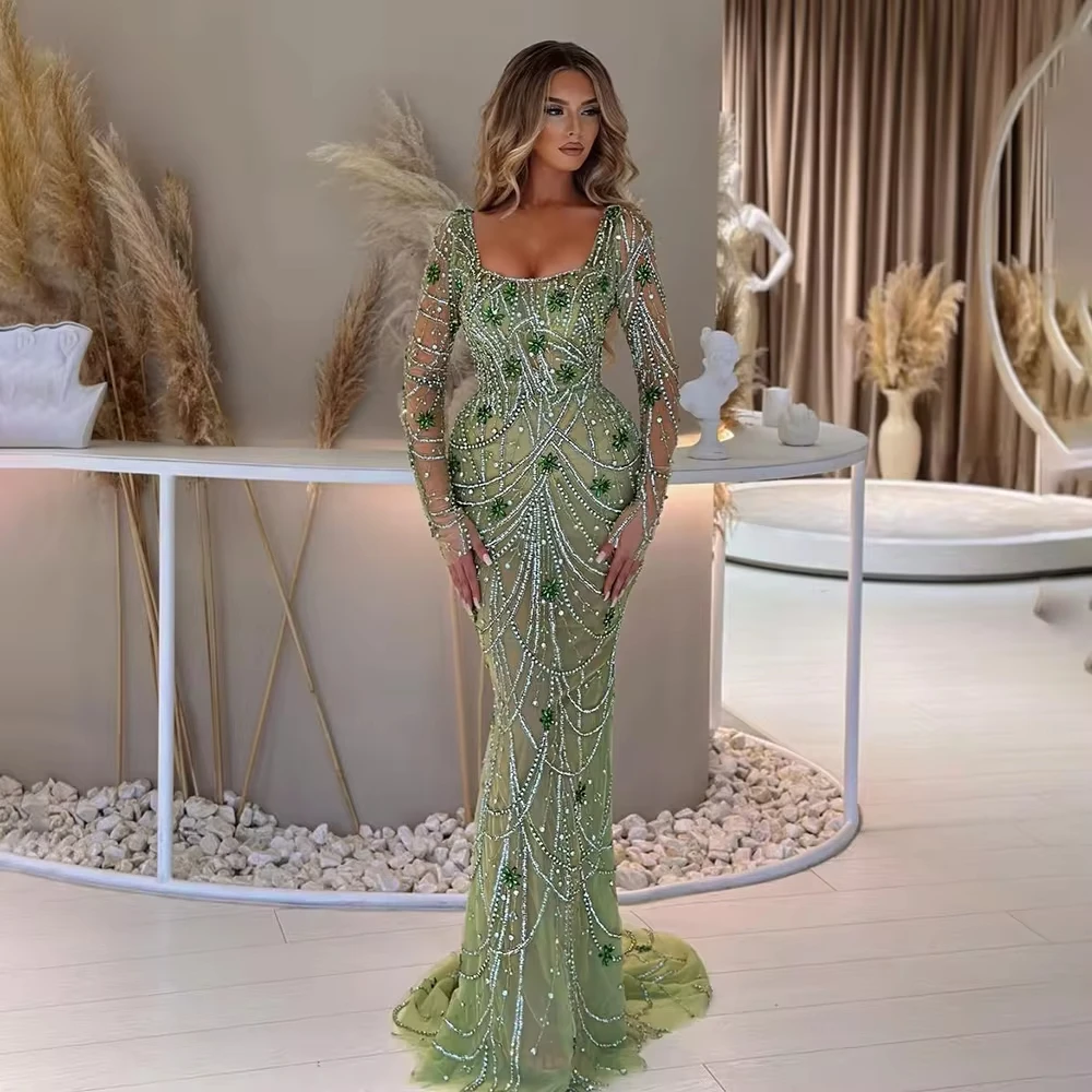 

Dubai Green Mermaid Evening Dress Long Sleeves Square Neckline Arabic Women Wedding Party Dresses SZ163