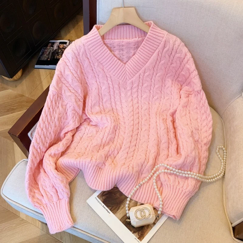 

Women's Pink Cute V-neck Long sleeved Casual Sweater Y2K American High Street Harajuku Office Retro Sweater Winter Clothing 2025