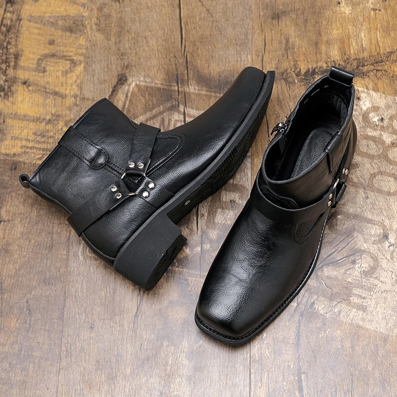 Men High Top Boots PU Solid Color Low Heel Square Toe Fashionable Classic Men Boots Size 38-46