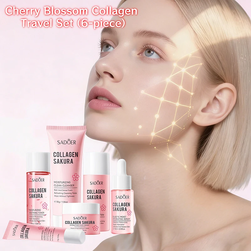 

Портативный дорожный набор для ухода за кожей, 6-в-1 с коллагеном и экстрактом вишни: успокаивающий, увлажняющий, глубоко питающий уход за лицом