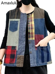 AmaxluluE Autumn Fashion Sleeveless Clothes Womens Loose Plaid Denim Vest Classic Printed Coats Ladies Casual Vintage Waistcoats