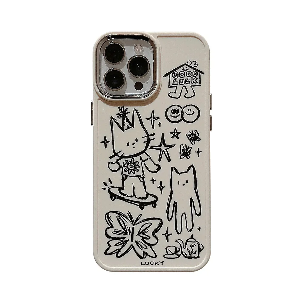 Cartoon Sketch Doodle Animal Lcuky Cat Butterfly Soft Cover Case for iPhone 16 15 14 13 12 Pro Max 7 8 Plus X XR XS