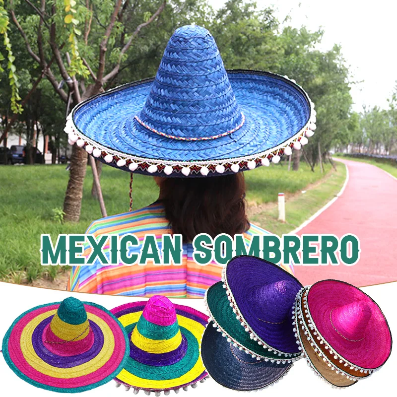 Mexican Style Pointed Straw Hats Wide Brim Colorful Men Women Magic Carnival party hat Sombrero Halloween Witch Costume Props