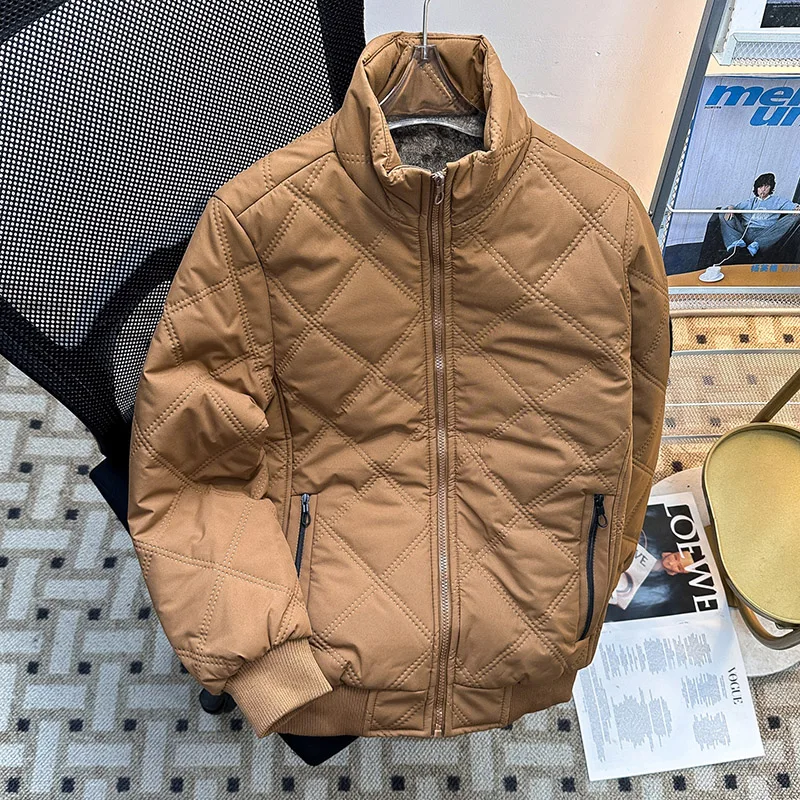 Winter Quilted Cotton Jacket For Men Simple Solid Color Zipper Stand Collar Thicken Coat American Casual Fashion Plush Overcoat