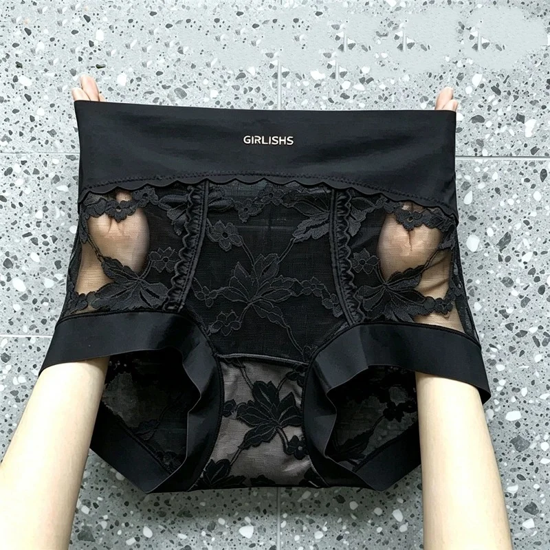 Panties for Women Briefs No Trace High Waist Maple Leaf Pattern Lace Net Tulle Sheer Fabric Plus Size 3XL Underwears