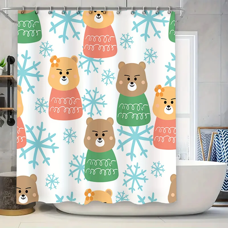 

Christmas-themed bath curtains featuring cute cartoon bears wearing sweaters with snowflakes perfect for festive holiday decor!