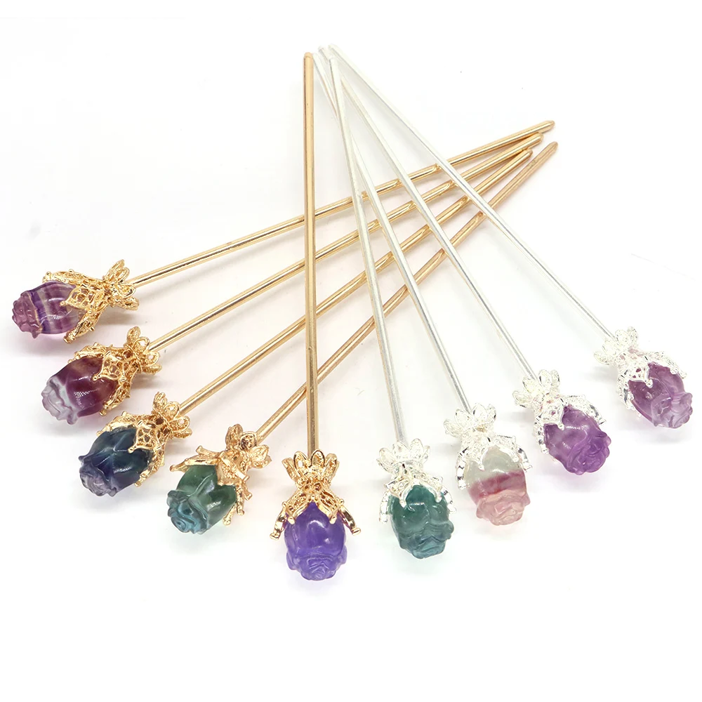 Chinese Style Hair Sticks Vintage Chopstick Hairpins Natural Crystal Stone Fluorite Rose Women Pin Headwear Jewelry Accessories