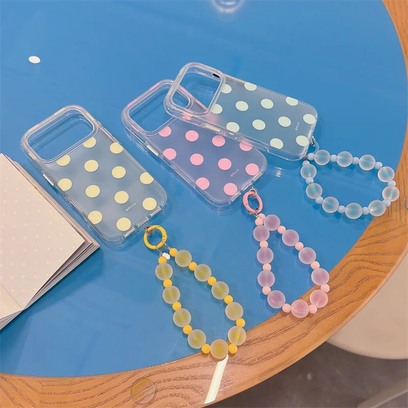 

For iPhone 17 16 15 Pro Max Clear Polka Dot Phone Case Cute Transparent Soft TPU Cover With Beaded Wrist Strap Charm Bracelet