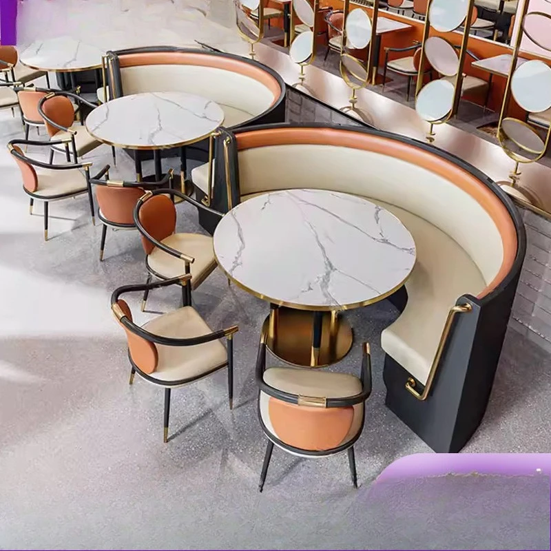 Rock slab tables and chairs, teahouse booth, high-end hotel western restaurant, semi-round booth sofa